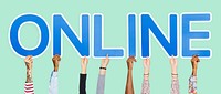 Hands holding up blue letters forming the word online