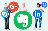 People holding icons of digital brands