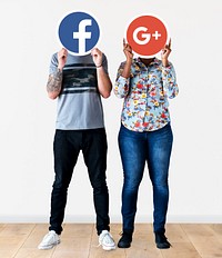 People holding two social media icons