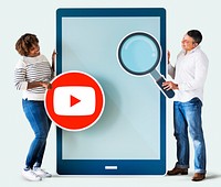 People holding a YouTube icon and a tablet