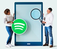 People holding a Spotify icon and a tablet