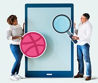 People holding a Dribbble icon and a tablet