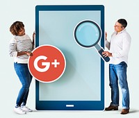 People holding a Google Plus  icon and a tablet