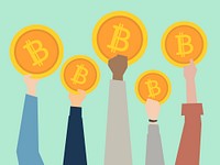 People holding up cryptocurrency illustration