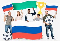 Diverse football fans holding the flag of Russia
