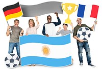 Diverse football fans holding the flags of Argentina, France and Germany