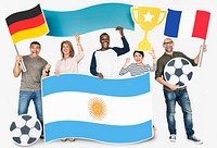 Diverse football fans holding the flags of Argentina, France and Germany