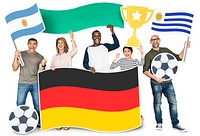 Diverse football fans holding the flags of Argentina, Germany and Uruguay