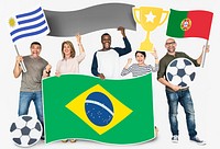 Diverse football fans holding the flags of Brazil, Portugal and Uruguay