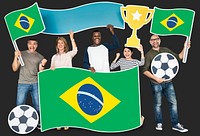 Diverse football fans holding the flag of Brazil