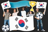Diverse football fans holding the flag of Korea