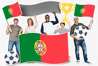 Diverse football fans holding the flag of Portugal
