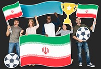 Diverse football fans holding the flag of Iran