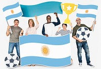 Diverse football fans holding the flag of Argentina