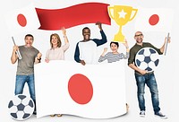 Diverse football fans holding the flag of Japan