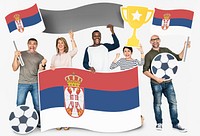 Diverse football fans holding the flag of Serbia