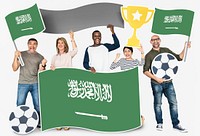 Diverse football fans holding the flag of Saudi Arabia