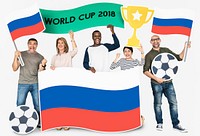 Diverse football fans holding the flag Russia