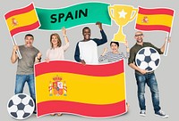 Diverse football fans holding the flag of Spain
