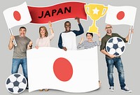 Diverse football fans holding the flag of Japan