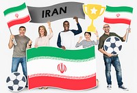Diverse football fans holding the flag of Iran