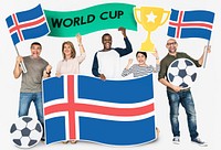 Diverse football fans holding the flag of Iceland