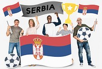 Diverse football fans holding the flag of Serbia