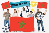 Diverse football fans holding the flag of Morocco