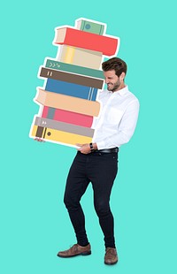 Young man carrying a stack of books