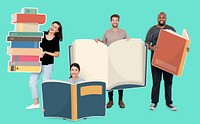 Happy diverse people holding book icons