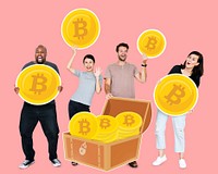 Diverse people investing in bitcoin cryptocurrency electronic cash