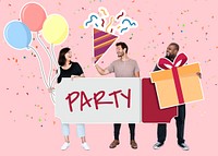Cheerful diverse people holding party icons