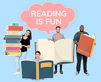 People holding book icons and an empty speech bubble