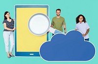 People with paper cutouts of magnifying glass, tablet, and cloud symbol