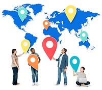 People holding pins for location and a world map