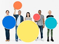 Diverse people holding blank colorful circle boards