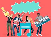 Musical band holding various musical instrument icons