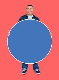 Man showing a blank blue circle board