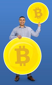 Happy businessman earning bitcoin currency