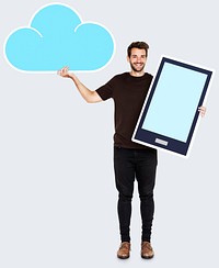 Cheerful man holding online cloud storage icons
