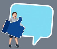 Boy with a speech bubble holding a thumbs up icon