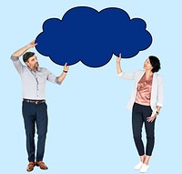 A man and woman holding a cloud board