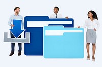 People holding a download, a folder, and a download icons