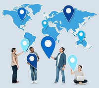 Group of people holding location pin icons