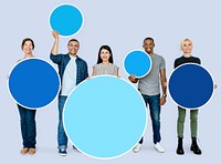 Diverse people holding blue circles