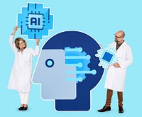 Researchers holding Artificial Intelligence icons