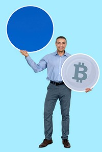 Happy businessman earning bitcoin currency