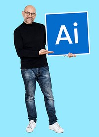 Man holding a board with Artificial Intelligence