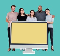 Diverse people with a blank computer screen mockup