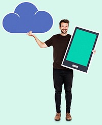 Cheerful man holding cloud storage icons
